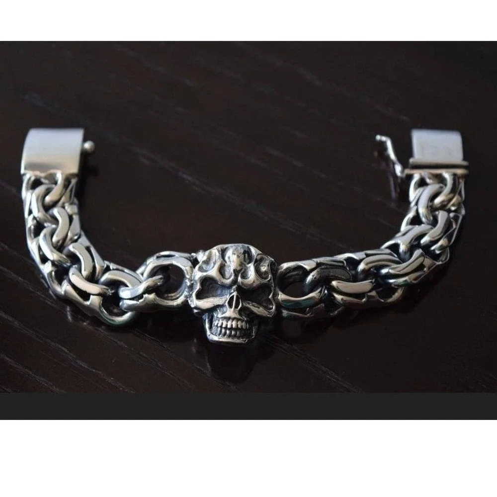 Silver 925 Skull Link Bracelet Mens Gothic Biker Heavy Chain 9 Inch